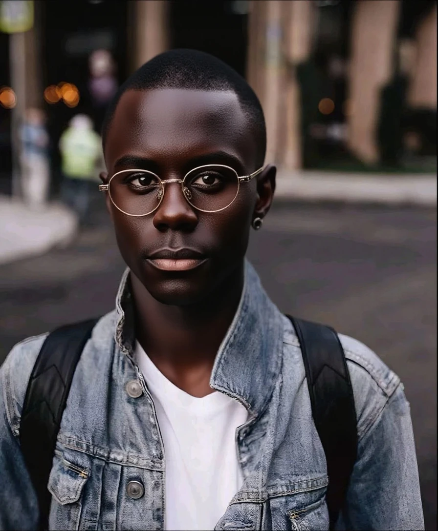 best qualityer:1.4), (ultra high resolution:1.2), (photorrealistic:1.4), (8k, CRU photo:1.2), a thin young man of 20 years old, skin black, with a smooth, beardless face, corte de cabelo buzzcut. is wearing a white cap. thin build. 1,75cm tall. It's sunny. thin build. is looking at the camera. 1,75 cm tall. thin build. He is wearing black prescription glasses.. is shirtless. In the background there is a gray wall. Camera focuses on the face
