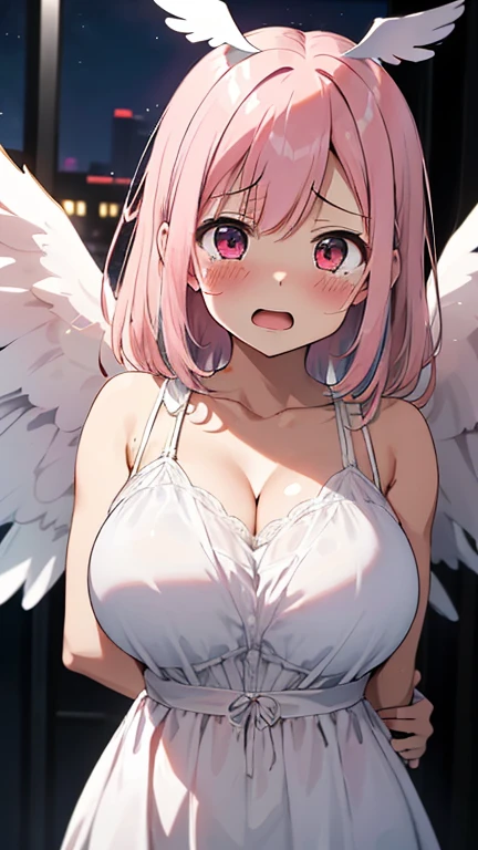2 girls, (wavy ponytail, hair above shoulder, My hair is very long., My hair is very thick.), blonde or white hair, (Beautifully detailed eyes, red or blue eyes, star shaped pupil, Diamond-shaped pupils), Happy tears or napkin holding, big breast, rift, Crescent moon earrings, Goddess in casual clothes, 2 pairs of wings, (Beautifully detailed jewel-encrusted leather cover.), (flower hair clip), Violation of lens flare, Chromatic aberration, Highly detailed, anime, Romantic style, OP Art, depth of field, Motion blurred image, glowing light, Film texture, UHD, retina, correct, Masterpiece, correctตามหลักกายวิภาค, textured skin, Awesome details, Highly detaileds, High quality, won, best quality, height, 16K, Hands behind your back.,big breasts,Show your breasts,The cracks are clear...,((big tits)),(pubic bone), rift, visible chest, ((bare breast:1.37)), I see bulging nipples.,(((large areolae:1.4,pink,The nipples are clearly visible.....))),