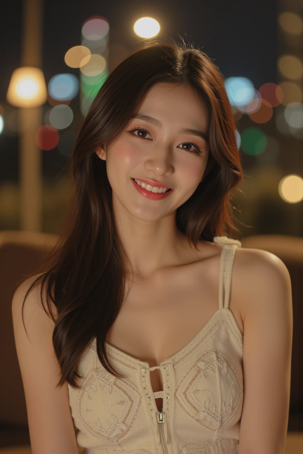A 20-year-old woman with a very cute face like a 15-year-old idol　Smiling Kindly　(((Whole body)))　(((Full body portrait)))　Sheer blouse　Medium Bust　Cleavage　Stylish evening wine bar　Cinema lighting　Natural light　Artistic　High level of artistry　RAW Photos　Genuine　High quality that is indistinguishable from real life　Real Stick　High resolution