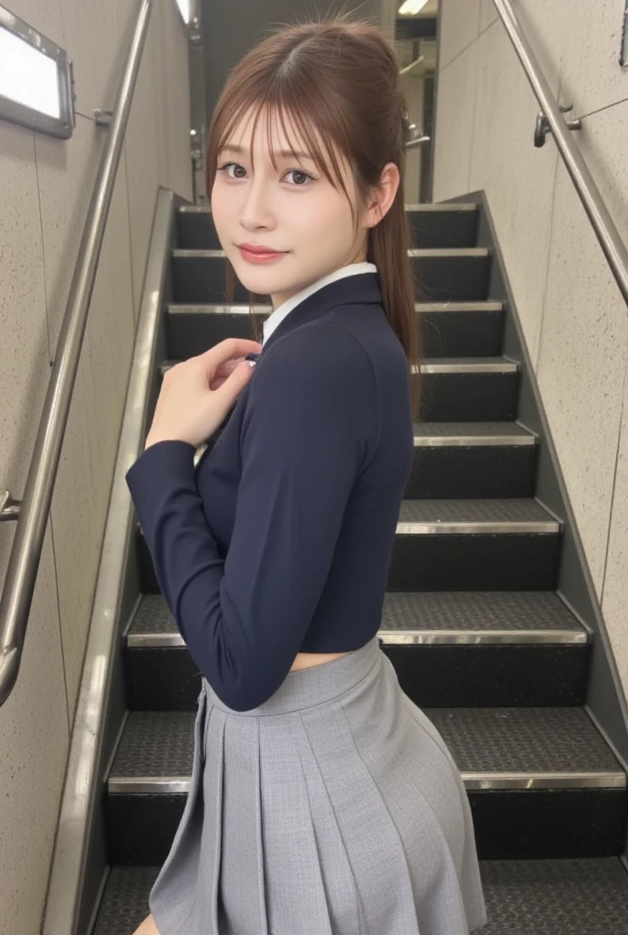 ((Best of the highest quality, 8k, Masterpiece: 1.3, raw photo)), Sharp focus: 1.2, (1 AESPA, slim body type female, 21 y/o: 1.1), (Solo: 1.2), (realistic, photo-realistic:1.37), face focus, cute face, finely eyes, (droopy eyes: 1.32), (Emphasize prominent aegyo-sal with bright: 1.2), shimmering eyeshadow applied under the lower lash line, paired with thick, (from behind: 1.22), (small breasts, flat chest, Thigh: 1.3), (short bob, bangs, updo: 1.28), (wearing blazer and shirt of school uniform, panties: 1.32), (ribbon: 1.2), walking terrace dining, sun light, flower,