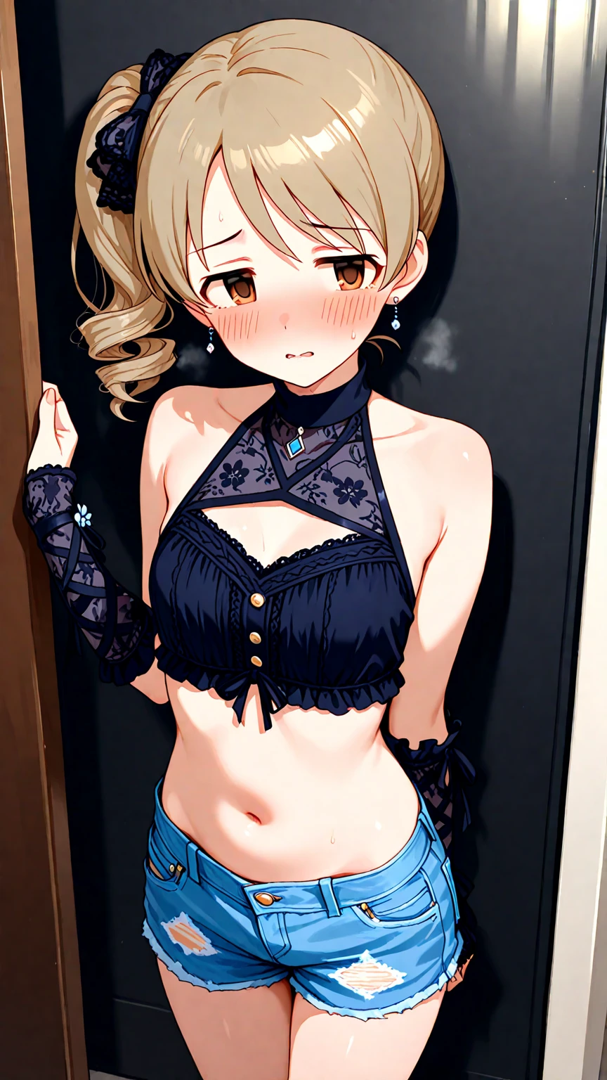 1 woman, alone, 8K, masterpiece,, Masterpiece, 8ก, (big breasts:1.5), Cute face, smile a little , look at the audience.,, blue panties, Show some shirts.. ,