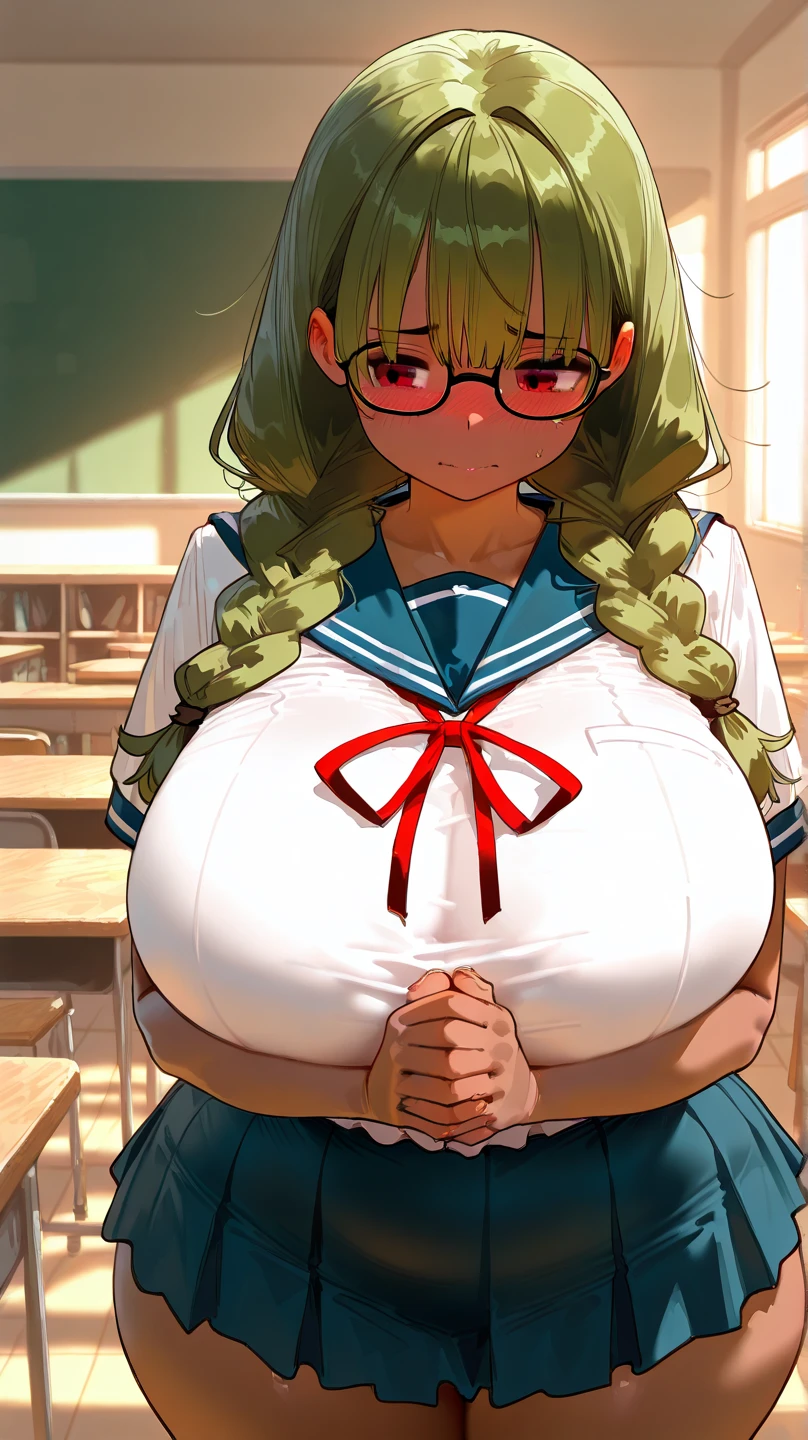 (masterpiece, detailed, realistic:1.2), american woman, school girl, ((young, teenager)), (gigantic breasts:1.7), (bursting breasts:1.5), (anxious expression:1.3), slender, ginger braided hair, geeky, glasses, beautiful face, detailed face, expressive face, shy, withdrawn, yellow jumper, (underboob:1.3), crying, crowded cafeteria 
