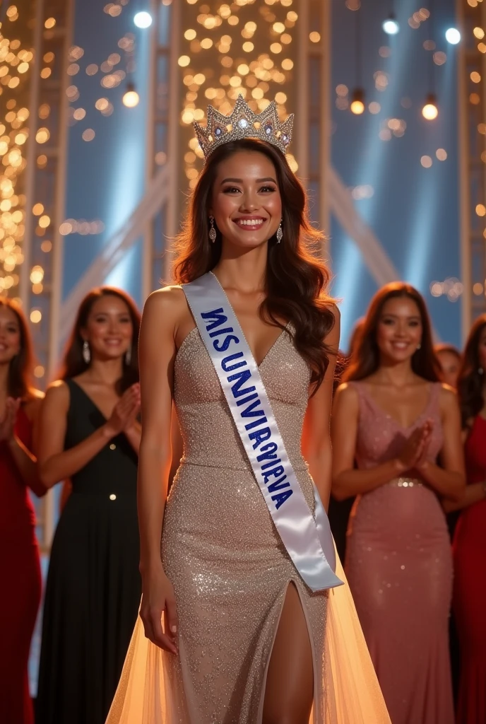 Miss universe Indonesia win the title Miss universe with sash and crown at the stage 