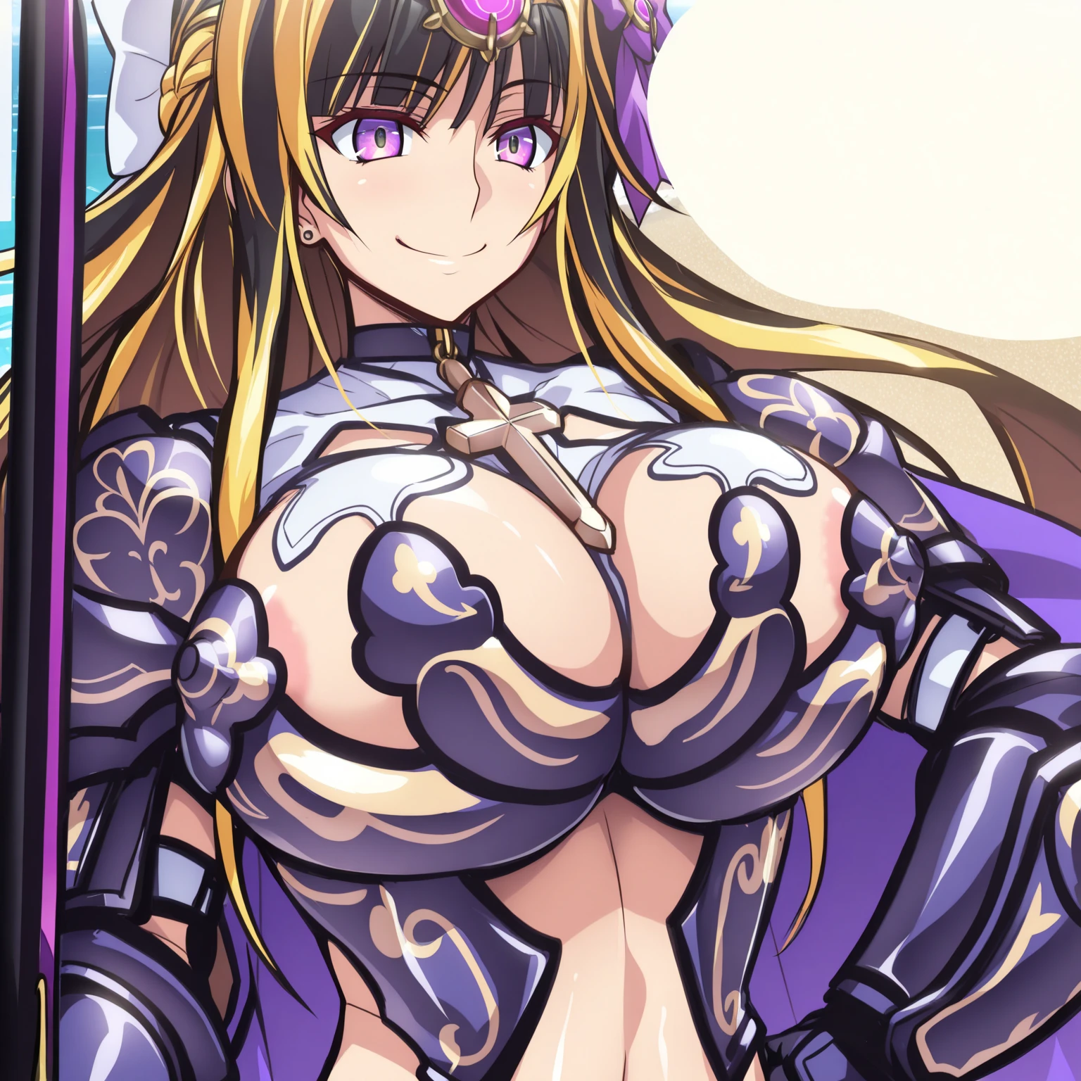 (masterpiece),(ultra-detailed), (high quality), (high resolution), (best quality:1.5, highres, UHD), highres, absurdo, ultra detail, ultra quality, (2heads:1.5), 1girl, (long hair), (blue hair), (brown hair), blonde hair, (different separate Hair colors), thighs, (purple armor), female warrior, (fully armored), (medieval outfit), sword, armored chest piece, gorgeous female knight, Guild Clothes with Armor, cave, blue eyes