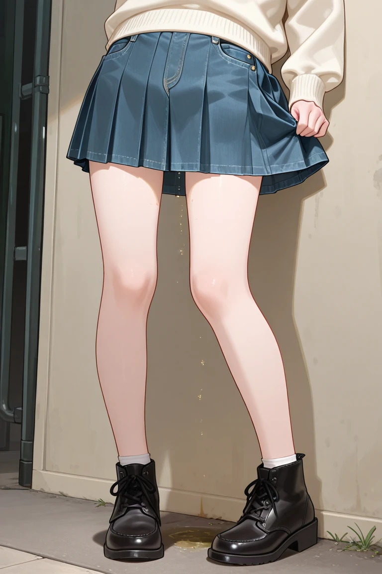 (high-definition image), (((Blushing cheeks、embarassed expression)), very long legs, Open shirt to see breasts, of sweat, The legs are small and slender, (black pleated skirt white tank top), (not wearing underwear), (No underwear), (((skirt lift, No panties, genitals visible))), Sweating around girls, Dripping sweat, (There is a lot of pubic hair), (full body picture), View from below, low angles, Turn your back,