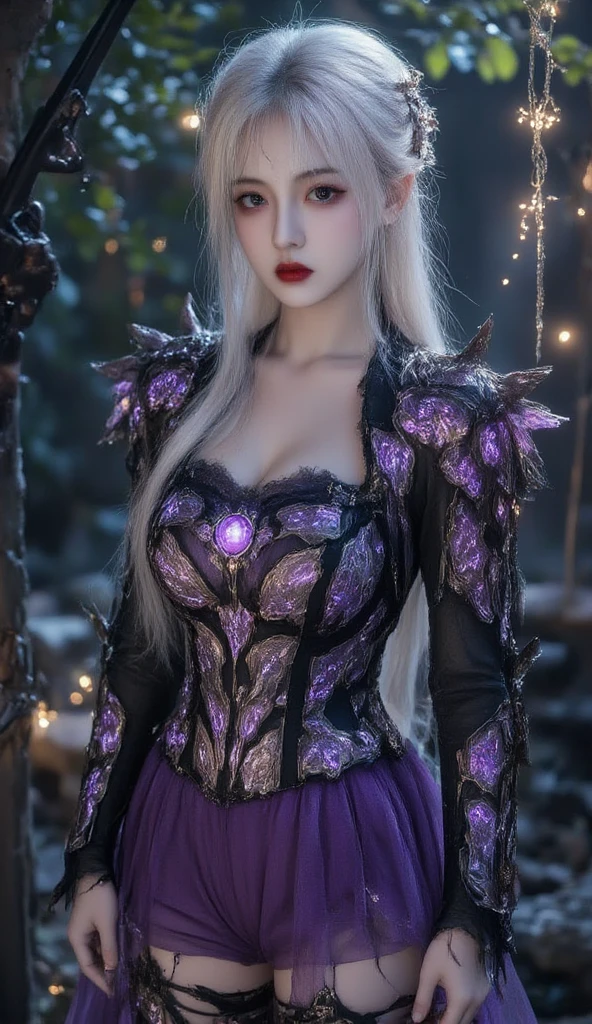 beautiful Swedish Model who controls poison、beautiful smile、lipgloss、intense makeup、look at the camera、full body Esbian、、sparkling poisoned flower costume、、、、shiny sparkling multicolor hair、secrete poison、skull hair accessories、fishnet tights、shiny sparkling dark magic forest background