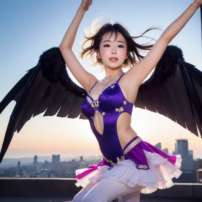 Longhair. Smile, purple hair. Earring. Divine wings on the back. Long pants that are cut off. Smile. Navel out. Wings grown on the back. Purple wings. Hat hat. Neon Street. Ride a motorcycle.