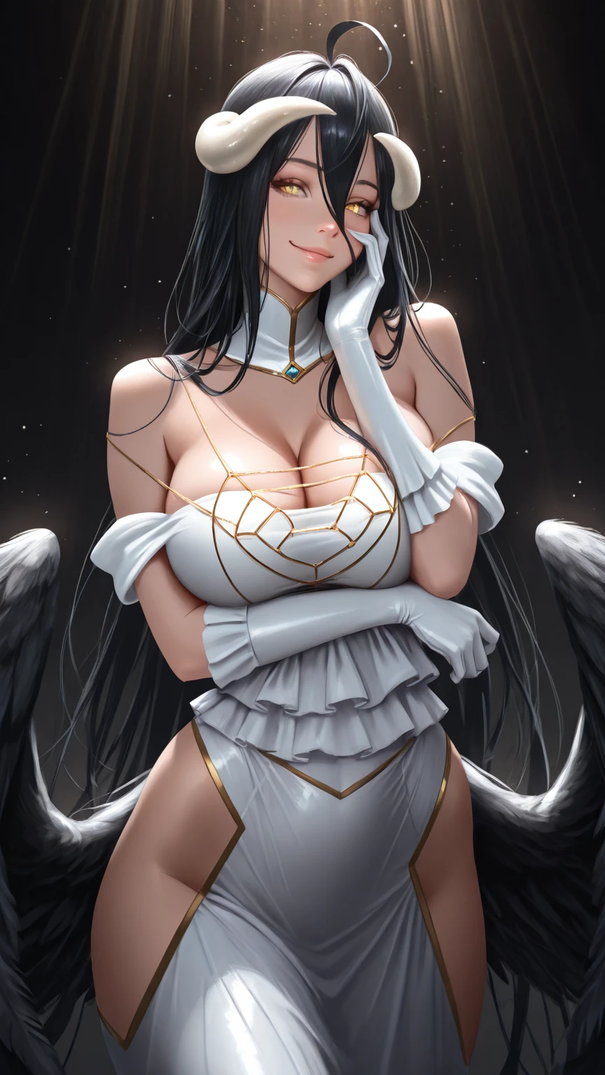 masterpiece, best quality, highres, al1, demon horns, slit pupils, white gloves, white dress, bare shoulders, detached collar, cleavage, black wings, feathered wings, low wings, cowboy shot, standing, dungeon, evil smile, reaching out,