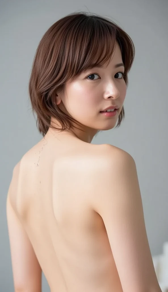 Highest quality、Ultra-high resolution、masterpiece、Clear photos、Very cute girl、beautiful girl、 Berry Short Cut、Upper body naked、Wearing white panties、(Put your panties down)、(Stand with your back to you)、smile