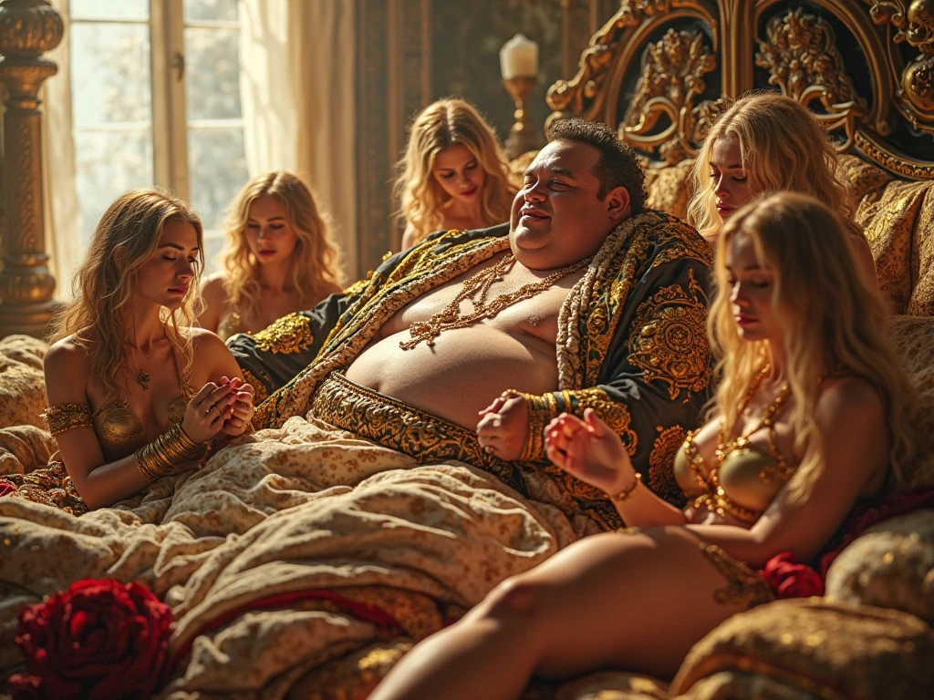 a king sits in the throne,bikini girls with big boobs sits on both sides , bikini girls in front of him holding different foods in plates kneeling,wide angle shot, in the floor mat it has words "noTheKing", so many sexy outfit girls in surrounding