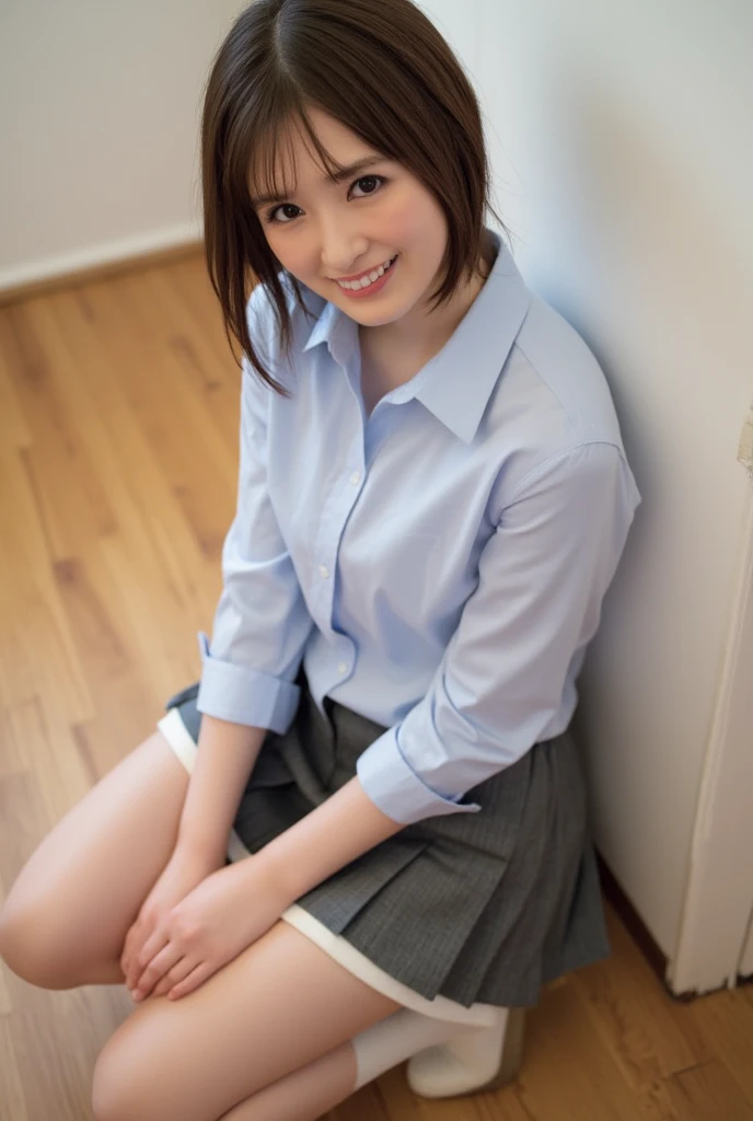 ((School uniform, White button shirt, Dark blue skirt、no-makeup、Sit on the sofa))、(realisitic、Photorealsitic、ultra-detailliert、Highest Details Skins、top-quality、masterpiece、超A high resolution)、Cute Japan Woman、17 age、hi-school girl、younggirl、1 girl in、I have bangs、二重まぶた、drooing eyes、Large black eyes、Japanese style face、ssmile、Charming、purity、Cute smile、double tooth、View here、Realistic skin type、simple background、thighs thighs thighs thighs、Shorthair