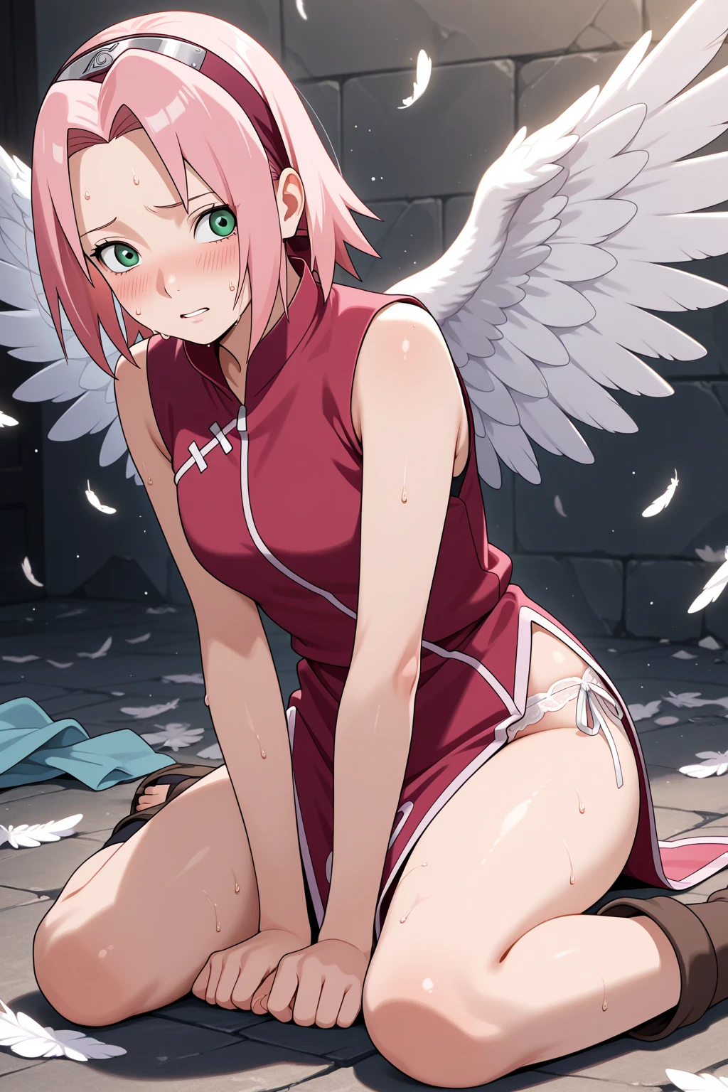 Horikoshi Kouhei, Boku No Hero Academia, anime, 1girl, 2D, shoulder length white hair, white hair, straight bangs, round pink eyes, white eyelashes, fair skin, hourglass body, light pink maxi dress, white angel wings, cute