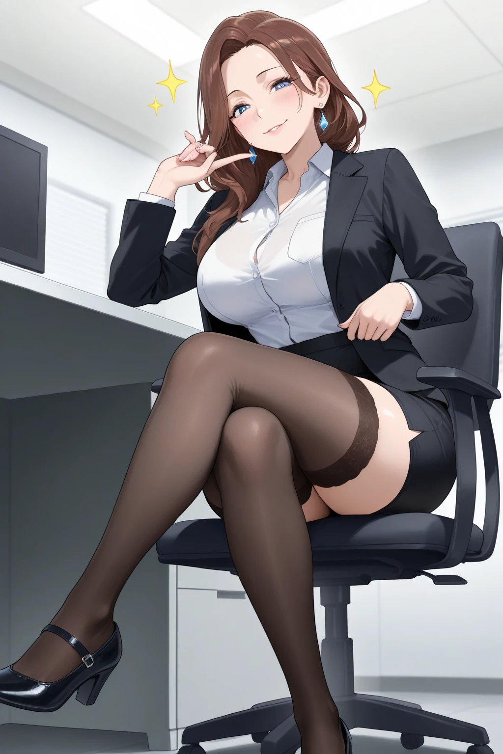 anime, beautiful face, highly detailed face, 2 accurate legs detailed eyes, highly detailed background, perfect lighting, accurate arms, accurate hands, accurate fingers, full body, 1girl, solo, ruby hoshino, oshi no ko, indoors, detailed heels, black detailed thighhighs, indoors, in the office, absurdres, high res, ultrasharp, 8K, masterpiece, looking at viewer, (full body:1.4), teasing smile, black tight skirt, loosely worn shirt, unbuttoned shirt, cleavage, sitting on a office chair, nsfw, beautiful panties, nearly nude, naked, wearing office bra, wearing office panties