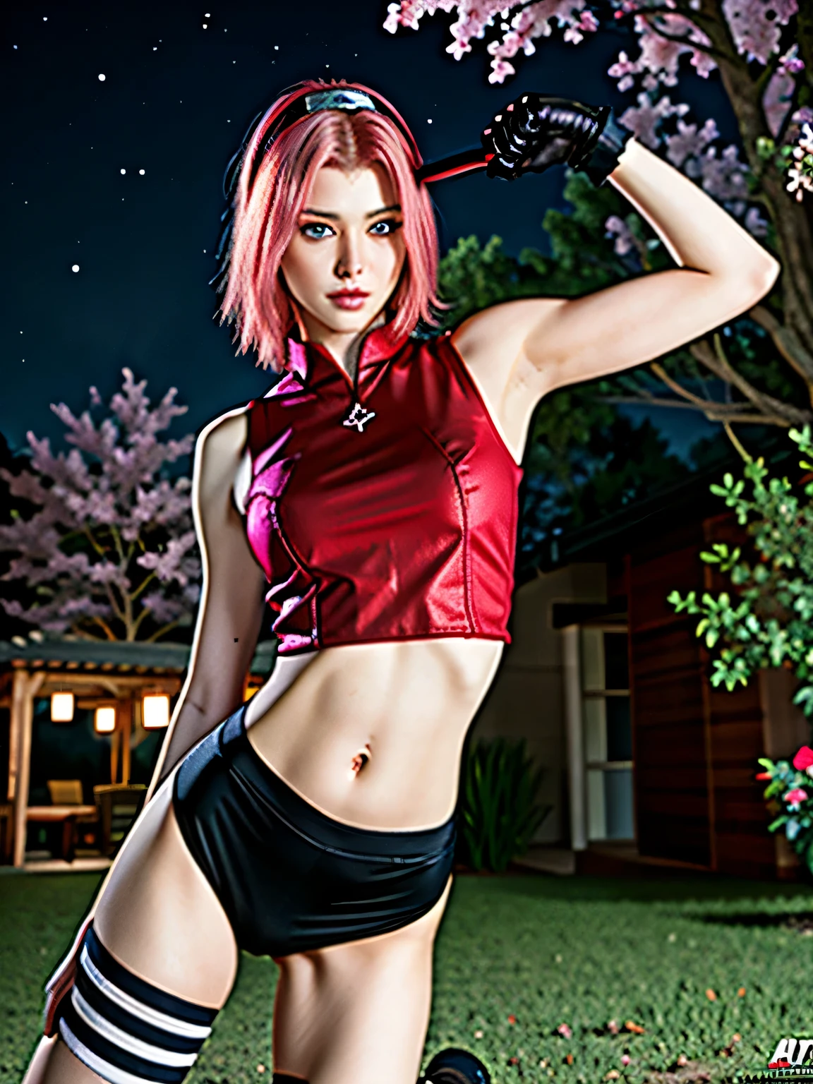 (raw photo:1.2, photorealistic, masterpiece, best quality, extremely detailed 8K, highres, 1girl, super model body, very slim body, thin, tall, super model body, ultra-detailed CG, high detailed, solo, intricate details, chromatic aberration), haruno sakura, naruto shippuuden, parted bangs, (short hair, pink hair, floating hair, navel), red shirt, sleeveless shirt, black short skirt, black gloves, breasts, elbow sleeve, forehead protector, foreshortening, green eyes, hair intakes, hairband, ninja, (allure, oval face, perfect symmetrical body), shiny skin, (night scene, romantic sakura tree:1.2, wind, starry sky, sakura field), kneel, arm up, bloom, sexy pose, look at viewer，medium breast, show nipples, show vagina, spread legs