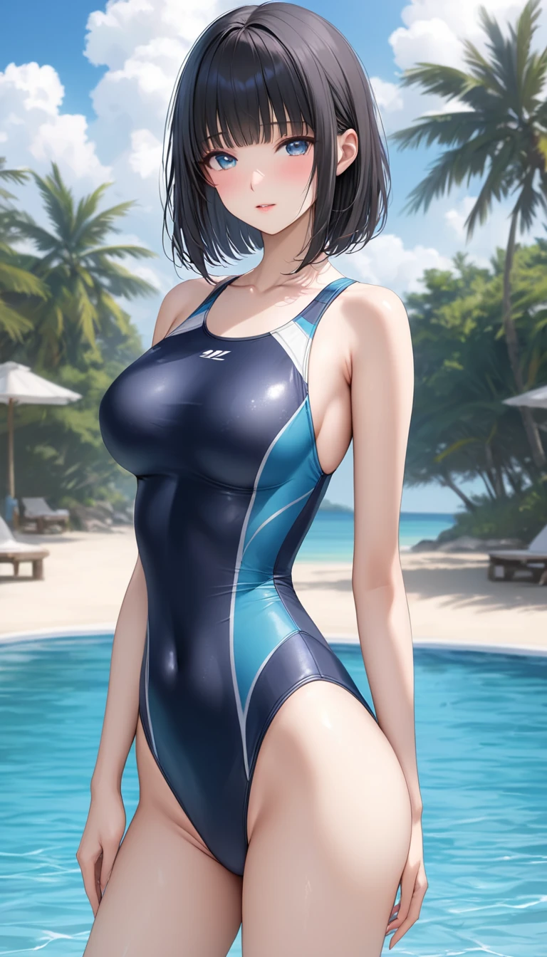 ((masterpiece,best quality,ultra detailed,high resolution)),(daytime,clear weather,bloom),(cowboy shot),looking viewer,((solo,girl)),(black hair),(beautiful detailed face,beautiful detailed eyes),(finely detailed skin,fair skin),slender,smile,(competition swimsuit),(on the beautiful lake,beautiful sky),medium breast,medium hip,leaning forward,