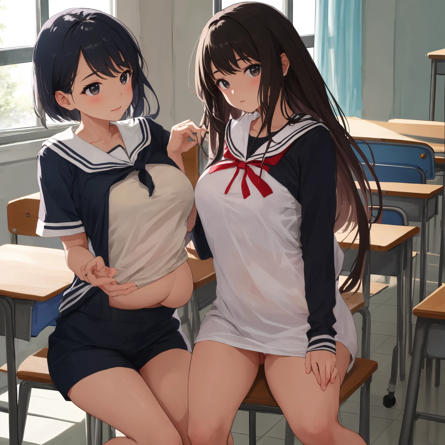 masterpiece, best quality, 2 girls, 10yo, (petite), cowboy shot,
 aroused, squatting, sailor uniform, clothes lift, (flat chest), nipples, Navel, classroom,