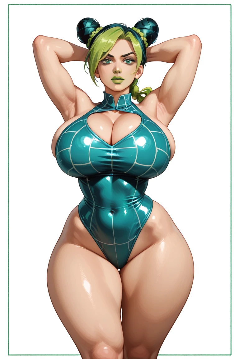 (((highly detailed))), (((high quality))), (((masterpiece))), (((beautiful))), (((full shot, back side view))), emily, (((by drogod))), athletic female, 5 fingers, 5 toes, big butt, large ass, white body, totally white skin, pale skin, emerald green nails, emerald green eyes, emerald green lipstick, eyelashes, eyeliner, black hair, black eyebrowns, thin eyebrowns, very long hair, ass length hair, Ironed hair, hair on the forehead, bubble ass, busty, butt, emerald green highleg one pice swimsuit with gold strip, cleavage, feet detail, fingers, humanoid feet, humanoid hands, horny face, in love to the viewer, large bum, looking at viewer, nails, partially visible vulva, protective mother countenance, pose, (((standing))), sensual eye, bedroom eyes, sensual body, smile, soles, soft soles, arched soles, tiptoes, feet blush, sole blush, solo, sheap space, lying up, feet up, thick thighs, thighs together, toes, (((voluptuous))), large thigs, (((high thighs))), (((high hips))), wide hips, curvy figure, curvaceous, absurd res, hi res, signature, in a spaceship next to a large window space