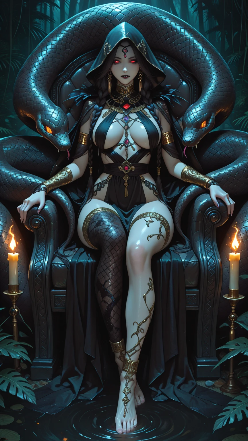 (((8k RAW photo, hyper realistic, masterpiece, best quality, crisp detail, high definition, high detail, very rich detail, sharp focus, sharp detail, colorful, rich color, cinematic, perfect studio lighting, full body photograph, mystic atmosphere))), (((fully naked) young colorful anger goddess, (fully nude, temptating goddess), (adorable beautiful baby face, evil round face, (smooth straight) bob haircut with pony, purple haired goddess, purple eyed goddess, big breast), (spreading legs on the throne), smooth body, ideal body, evil smile)), ( (showing ((pussy, nipples)))), ((purple plants, cobra snake temple, naked female slaves)),