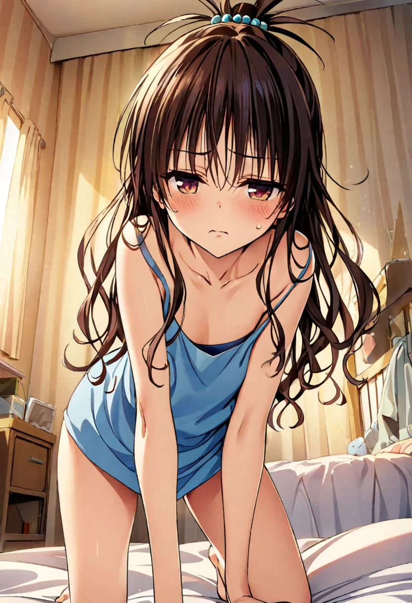 Masterpiece, highres, highest quality, illustration, ultra detailed, best quality, official art, professional lighting, morning sunlight, first-person perspective, blurry vision, half-open eyes,medium breasts, nipples,messy bedroom, view from bed, yuuki mikan, hair ornaments, long hair, topknot, wavy hair,crawling,all fours on the bed, wearing blue tanktop and pink shorts,downblouse:1.5,scold face, annoyed expression, alarm clock visible in foreground, daily life scene, sibling interaction, sleepy atmosphere