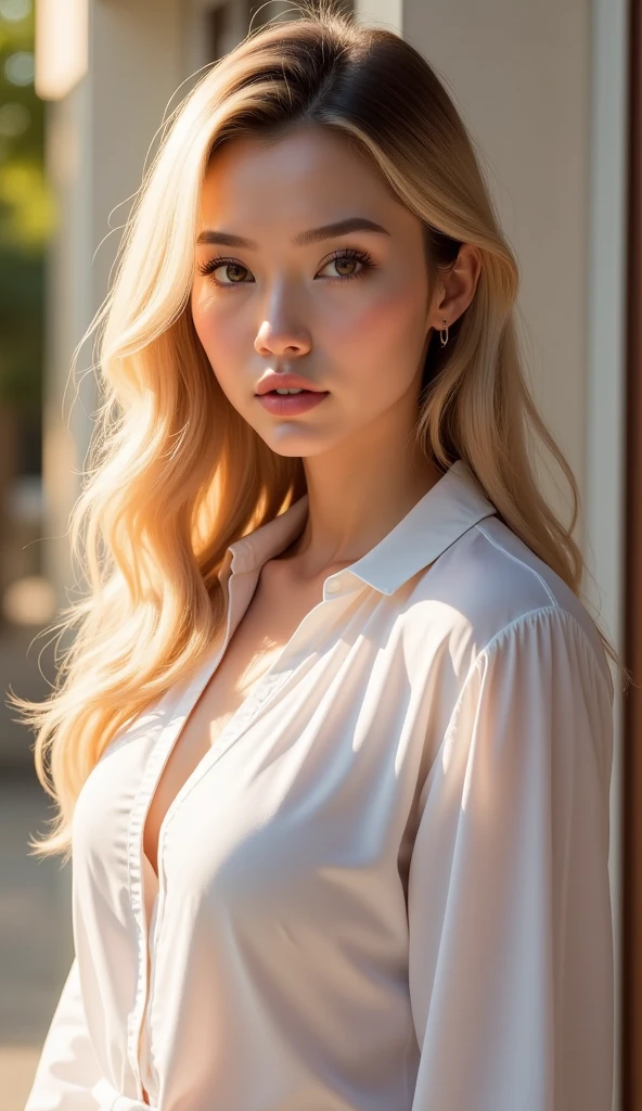 (Top Quality, Masterpiece, Super Hi-Res, Photorealistic:1.4), 4K, Beautiful 18 year old woman, Beautiful details, Clean skin, Smile, Lips, Realistic Long eyelashes, Extra large cleavage, Stylish shirt, Full length photo, Graceful posture, Beautiful silver hair, Piercing, Beautiful vivid colors, Beverly Hill's Stylish cityscape, Realistic lighting, Attractive expression, Looking at the camera, One person