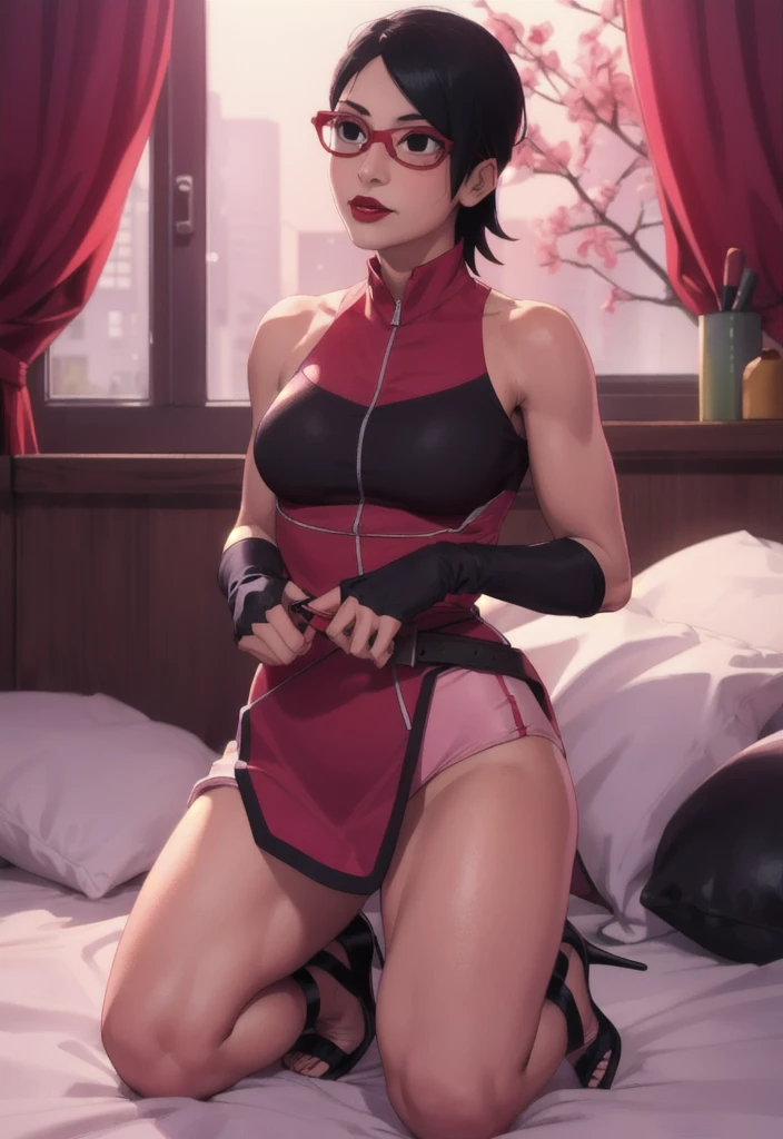 ?????, wet , wet , wearing red clothes, black hair, short hair, showing cameltoe, showing , cute face, sharingan eyes, sarada_uchiha, in class, on the desk , naughty pose , side boob , tight dress , ????? , ??? dripping , boobs showing from the side