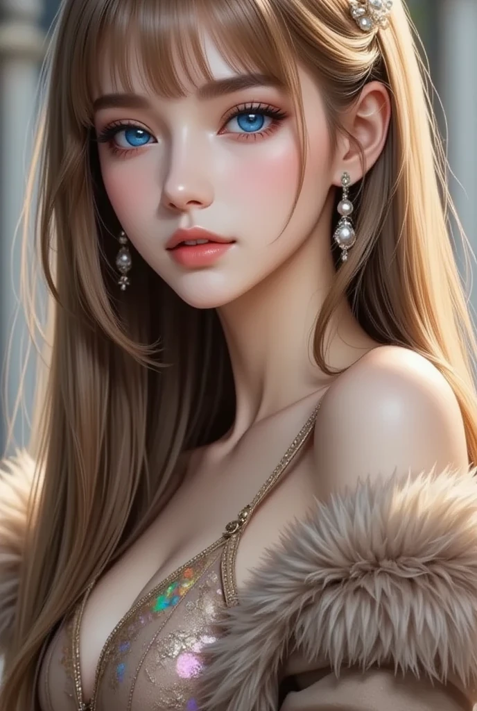 sexy swedish model, (-anime), only 1 model, very short hair, beautiful smile, lip-gloss, long lashes, defined eyebrows, long fur fox color scheme, ((long fur fox cosplay)), fox ears, fox tail, fox choker, look at the camera, cinematic light, (sparkling long fur background), sweet and sexy pose