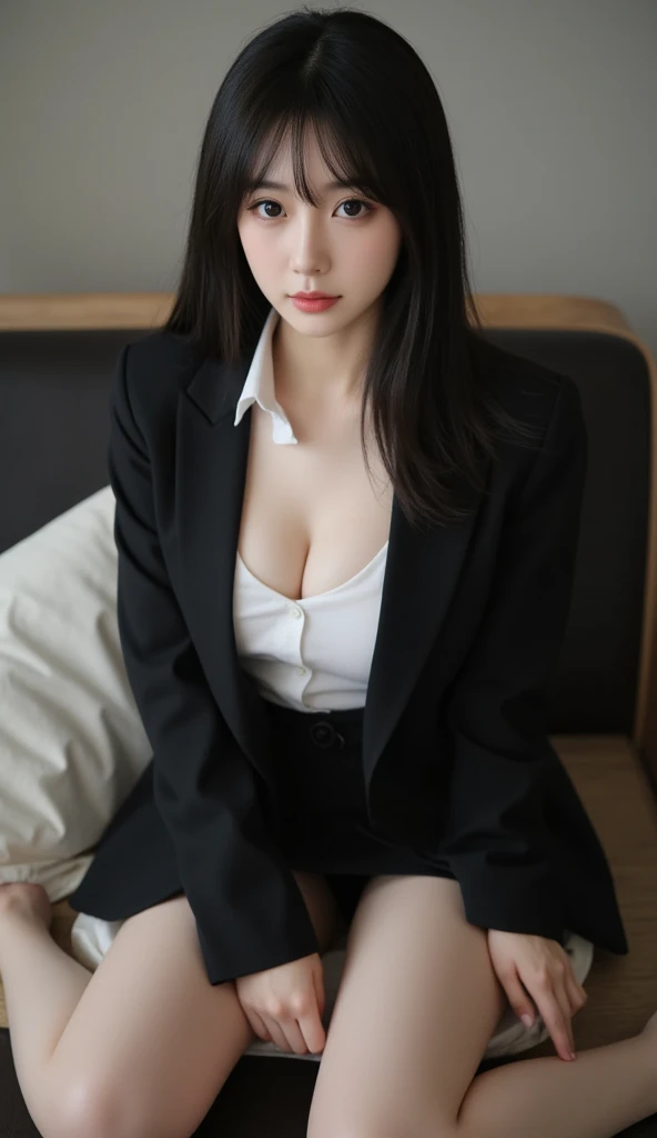 disorganized, RAW photo, very delicate and beautiful, masterpiece, highest quality, ultra high resolution, 16k, surreal, super detailed, perfect anatomy, super dense skin, perfect figure, Highly detailed CG 8k wallpaper, 20&#39;s, very slim body, tight waist, very small head, very small face, delicate features, tearful mole, mole on chest, earrings, thin legs, ((very huge round breasts)), ((full body shot)), short middle hair, wavy hair, ((office suit)), blazer, (blouse), skirt,