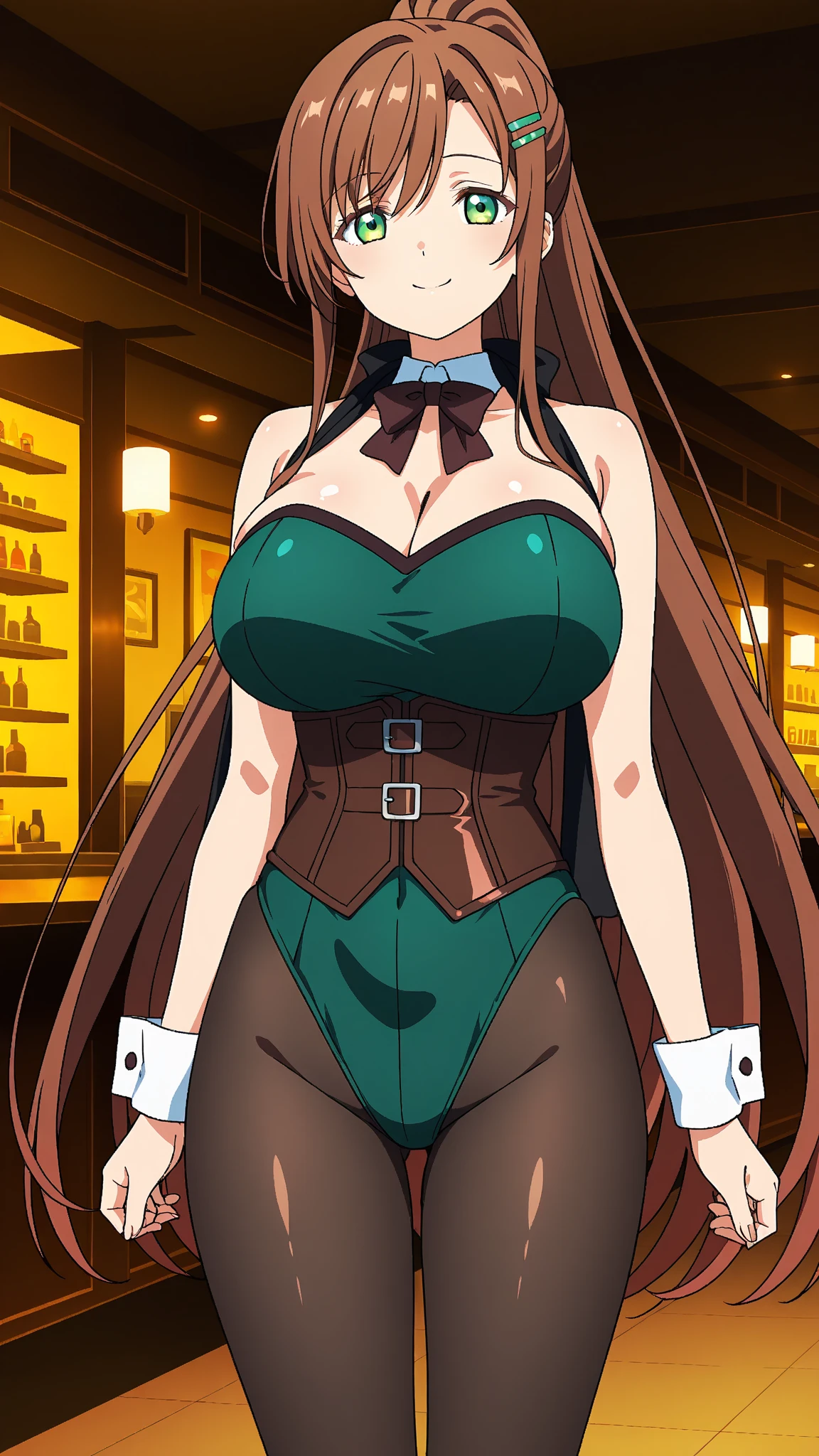 retro artstyle, 1990s \(style\),angel blade, looking at viewer, seductive smile, Kyouka, mature female, 1girl, solo, hands on hips, bar \(place\), cocktail glass, cocktail shaker, whiskey, rum, complex blackground, cowboy shot, brown hair, ponytail, sidelocks, hair bow, ribbon, lipstick, makeup, detailed face, (mole under eye:0.6), brown eyes, jewelry, earrings, green dress, bare shoulders, detached sleeves, bridal gauntlets, long skirt, cleavage, choker, (curvy:1.1), huge breasts, <lora:Kyouka:0.7> <lora:Style-AngelBlade:0.4> <lora:GoodHands-vanilla:1>