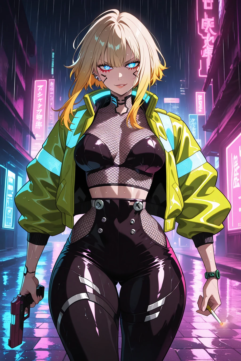 in style of ashley wood,in style of Hans Hartung,in style of  Carne Griffiths
1 girl,character concept design,incredibly long hair,high tied Ponytail,gravure_pose,cyberpunk,(hip-hop style costumes:1.5),big breasts,fluorescence glowing coat,