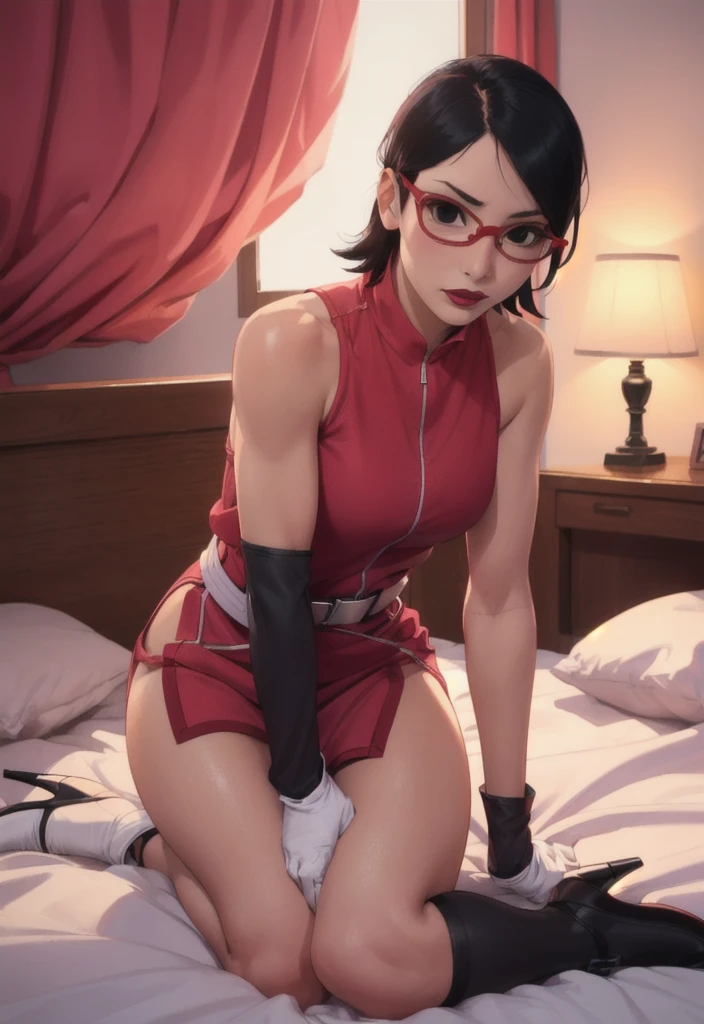 super girl, heroine, costume, bobcut, black hair with red highlights, submissive, slave collar, tied up with rope, captured, bondage, restrained, in a bedroom, hands behind back, surrounded by thugs