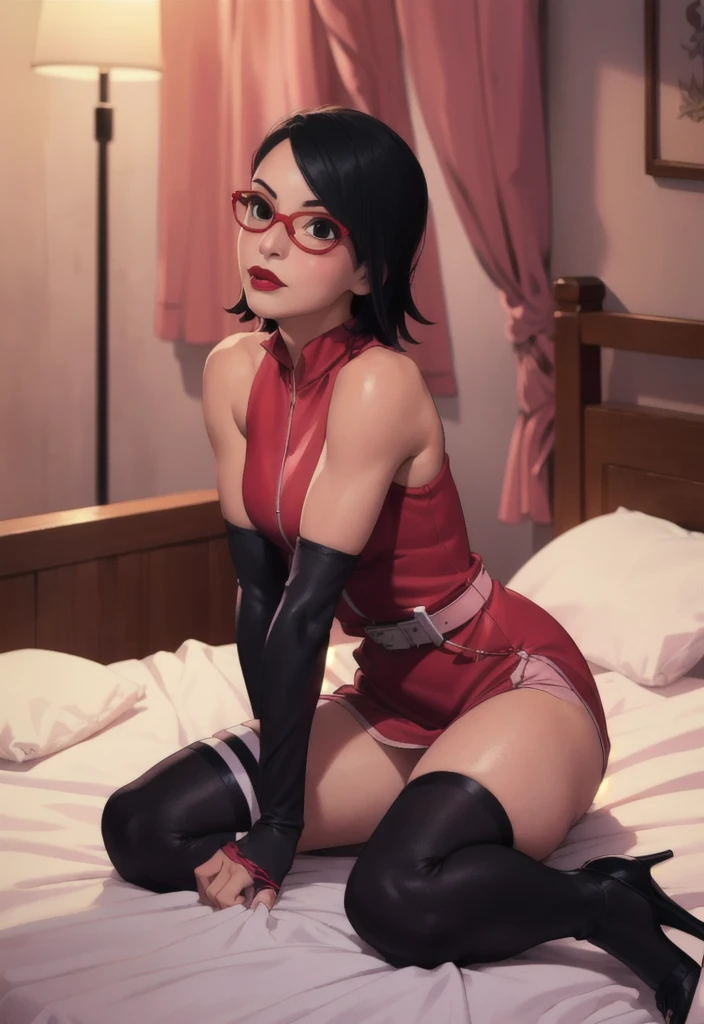 Sarada sitting on the bed , wearing latex red tight clothes , perky small boobs ,