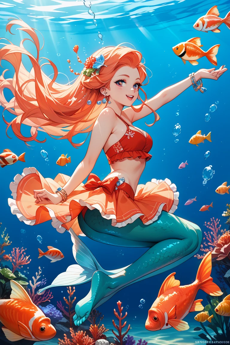 ((anime style)), underwater palace, seashell crown, red hair, ((a blue mermaid tail)), singing with a group of colorful sea creatures, surrounded by coral reefs and fish, rays of sun shining through the water, ((little mermaid)).