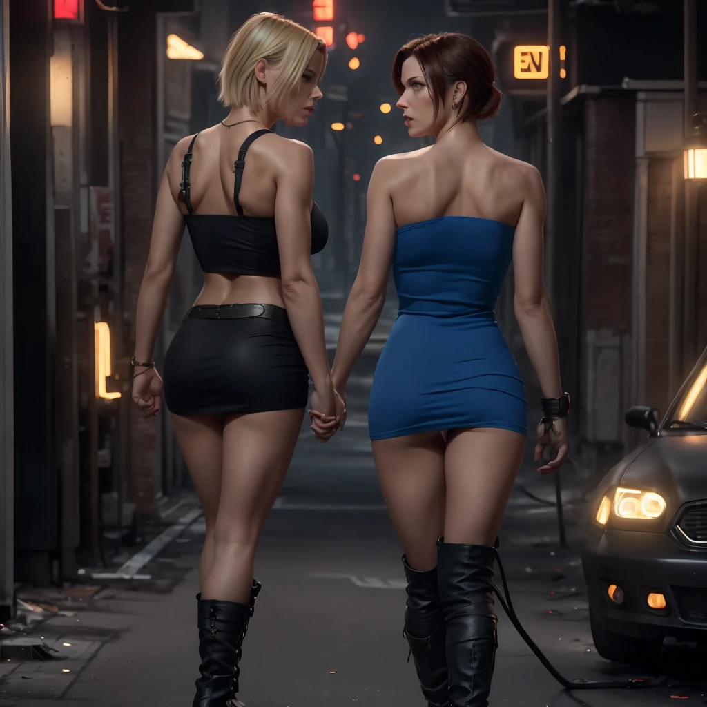 Girl in latex bikini ,sexy , blonde short hair , large breasts , sexy hips , skinny waist , white sneakers , in the street , night , red lights, ,jeans shorts , black gloves