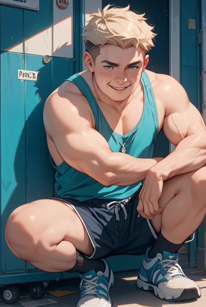(masterpiece best quality 8k ultra-detailed:1.5) ultra realistic, solo male squatting, arms up behind, muscular handsome barefoot (((perfect face,perfect eyes))) ((topless)) (short hair) ((blush)), (((underwear, big bulge))), illustration realistic shade sharp, detailed beautiful face and eyes, perfect hands, tan skin shiny skin