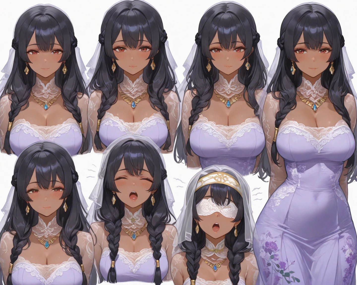 Off-the-shoulder white wedding dress, Snow White Veil, choker, silver tiara, necklace, earrings, church background, kanu unchou, anime cels style, best quality, high resolution, 1girl, (huge breasts:1.2), beautiful face, black hair, long hair, ((hair over one eye)), closed eye, puckered up lips, want to kiss