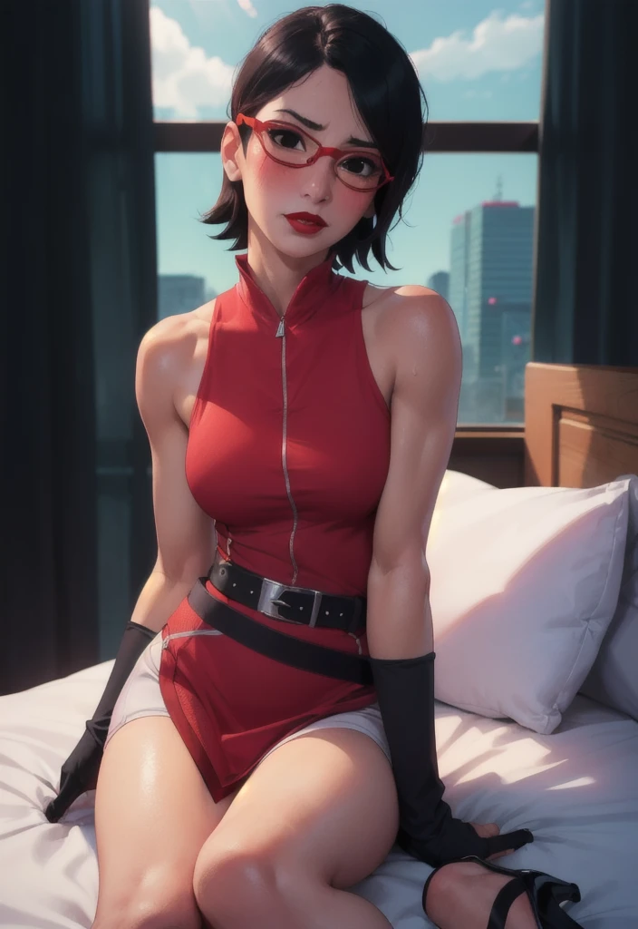 cute face, (highres,masterpiece:1.2),ultra-detailed,realistic,professional,beautiful detailed eyes,beautiful detailed lips,dark hair,short black hair,red glasses,stunning black eyes,clear skin,18-year-old girl,fashionable short hairstyle,vibrant red glasses,Shinobi Academy,fierce determination,confident posture,crimson outfit, background filled with ninjutsu techniques,shadows cleverly accentuating her features,subtle studio lighting,sublime realism,striking color tones, arm up, dynamic pose, medium breasts, spread legs..