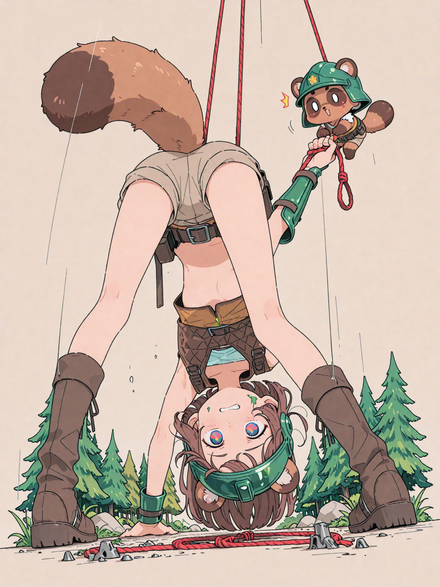 masterpiece, best quality,   , small ass, climbing, torn skirt, nude ass, no panties, ginger hair, green eyes, cute, bite marks, torn black socks, red sneakers, red backpack, (ass chewed by wolf), blush, embarassed, looking back