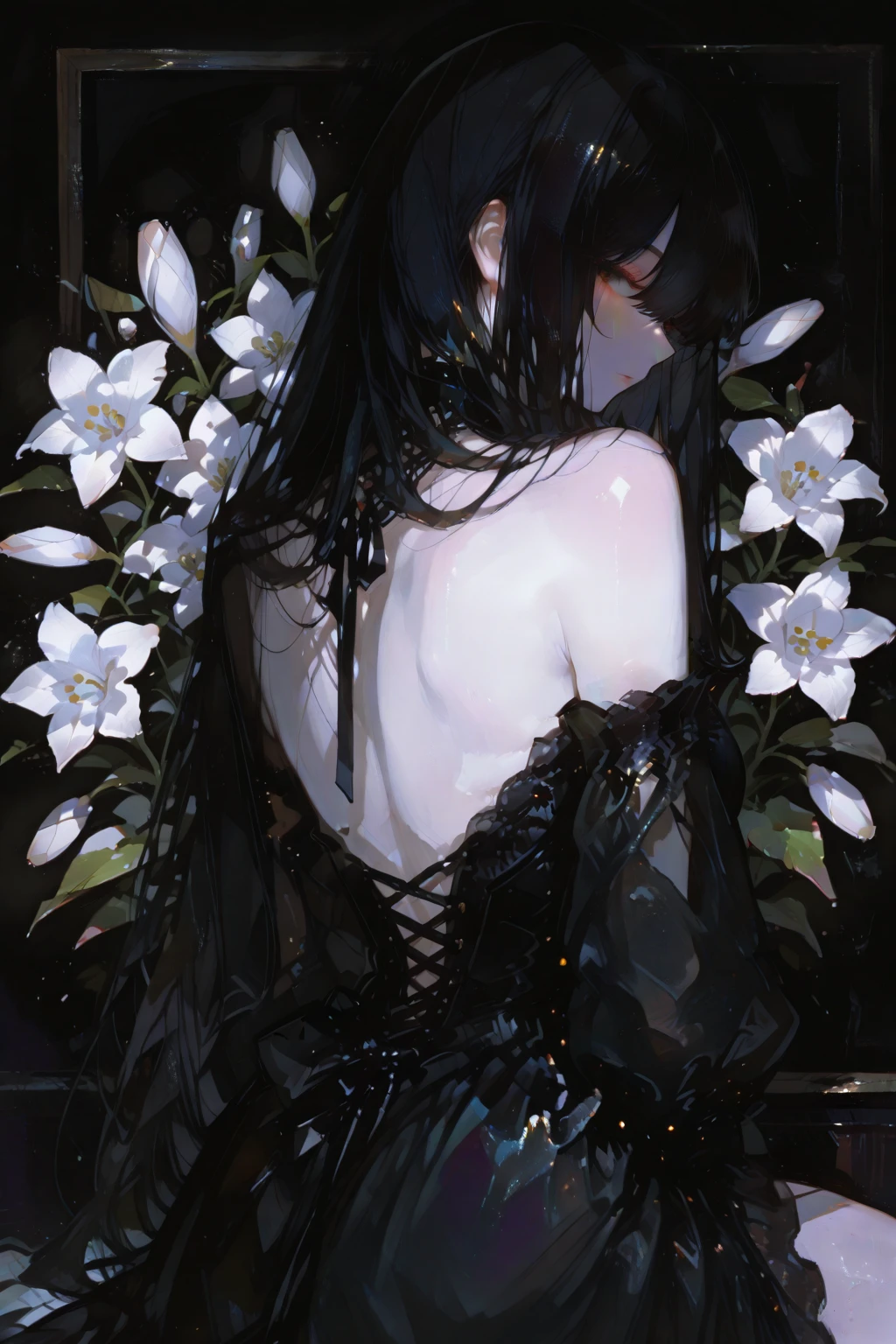 high details, best quality, 16k, RAW, [best detailed], masterpiece, best quality, (extremely detailed), full body, ultra wide shot, photorealistic, dark fantasy art, goth art, RPG art, D&D art, a picture of a dark female fairy resting in a flower meadow, extremely beautiful fairy, ultra feminine (intense details, Masterpiece, best quality), best detailed face (intense details, Masterpiece, best quality), having wide butterfly wings, spread butterfly wings (intense details, Masterpiece, best quality), dark colors wings (intense details, Masterpiece, best quality), black hair, long hair, shinning hair, flowing hair, shy smile, innocent smile, blue eyes, dark red lips, wearing [red] dress latex corset (intense details, Masterpiece, best quality), dynamic elegant shirt, chocker, wearing high heels, in dark colored flower meadow (intense details, Masterpiece, best quality), (red flowers: 1.2) , (black flowers: 1.2), (white flowers: 1.2), (blue flowers: 1.3) [extreme many flowers] (intense details, Masterpiece, best quality), dark colorful flowers (intense details, Masterpiece, best quality), flower meadow in a dark goth field background, dim light, cinematic light, High Detail, Ultra High Quality, High Resolution, 16K Resolution, Ultra HD Pictures, 3D rendering Ultra Realistic, Clear Details, Realistic Detail, Ultra High Definition, DonMF41ryW1ng5XL