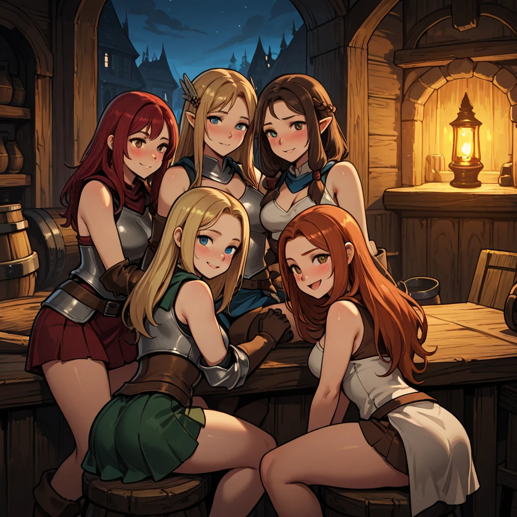 a woman in a red dress, sitting at a bar, two orc men, undressing her dress, showing boobs, trying to cover , pressing together, beautiful detailed eyes, beautiful detailed lips, extremely detailed eyes and face, long eyelashes, detailed facial features, detailed clothing, detailed background, female surrounded by orcs, in a pub, tavern setting, concept art, fantasy, world of warcraft, warcraft style, pixiv, safe for work, high quality, detailed, photorealistic, 4k, masterpiece, blushing
