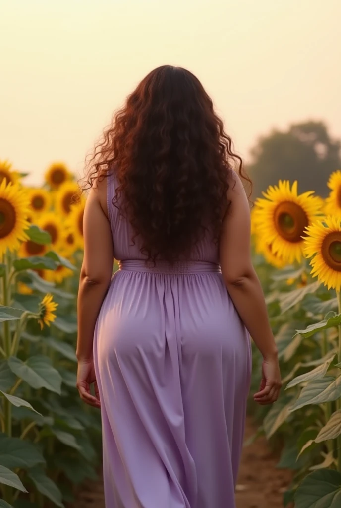 A gorgeous Indian woman in a purple front-open crop top dress stands in a sunset-lit meadow, her long curls flowing and her skin glowing. The soft lighting and gentle breeze swirl her flared skirt, creating a stunning scene that highlights her curvy, plus-size figure.