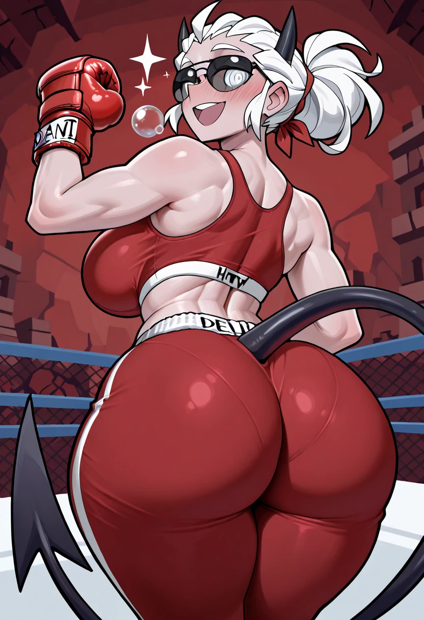 Female full body sitting on a bench showing back to me, ((Plain background 1:2)) (Cammy White Street Fighter white silver short bob haircut) RED full body armored, cleavage, leather collar choker, happy smile red cheeks, red gloves gauntlets, red military boots