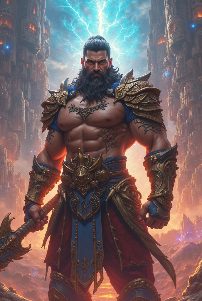 I want you to create a hero based on league of legends. I want a hyperrealistic design. The character must have an aggressive pose. Use a blurred background.