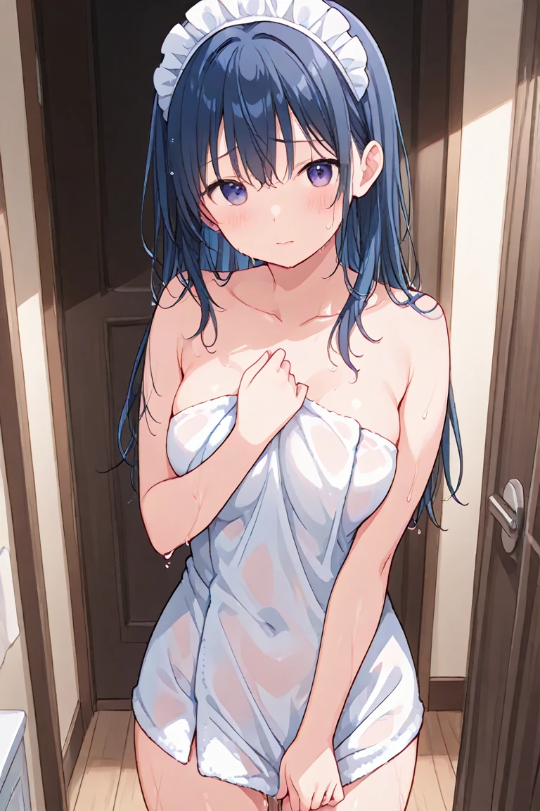 (Masterpiece, High Quality, Top quality, High-Detailed, Detailed CG, Cinematic Shadow, Cinematic Scene, Beautiful Detailed Eyes, Ultra Resolution, Depth of Field, High Resolution, Masterpiece: 1.2), Anime Art style, Very Detailed, Dynamic Angle, Teen Style, Detailed Green Hair, Detailed Blue Eyes, Purple Eye, Slim Body, Sparkling Eyes, Sparkling Detailed Eyes, Hair Accessory, Earrings, Slightly Blunt Bangs, Looking the Audience, (Embarrassing Expression:1.2), (Towel:1.2), (White Towel), (Almost Naked), (Naked Towel), (Anime Girl Holding a Towel to cover it's body), (Only wear Towel:1.2), (Cover Body With Towel), Good Composition, Hand, weat, Thick Thighs, Small Breasts, Small Size Breasts, Blur Background, Chinese Architectures