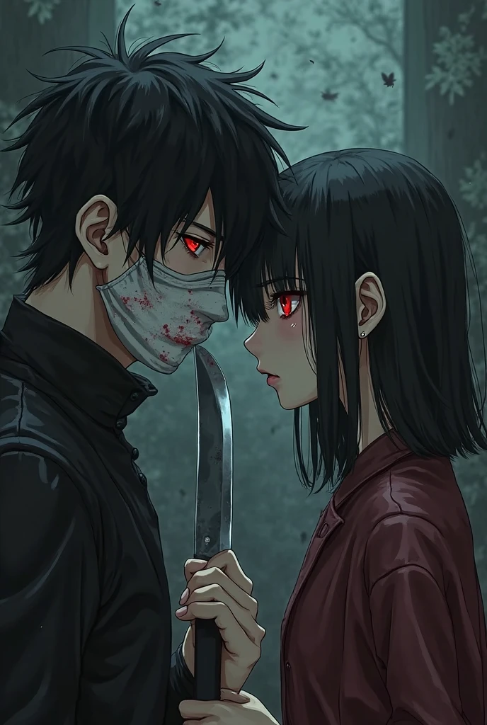 a ninja boy with a katana. He has a brown hair. He wear a Black and white ninja outfit. A japanese girl. Her mouth covered in blood and her one eye's brown and another is purple. She has a mid length hair ponytail. Both are japanese. Give them a mature look.