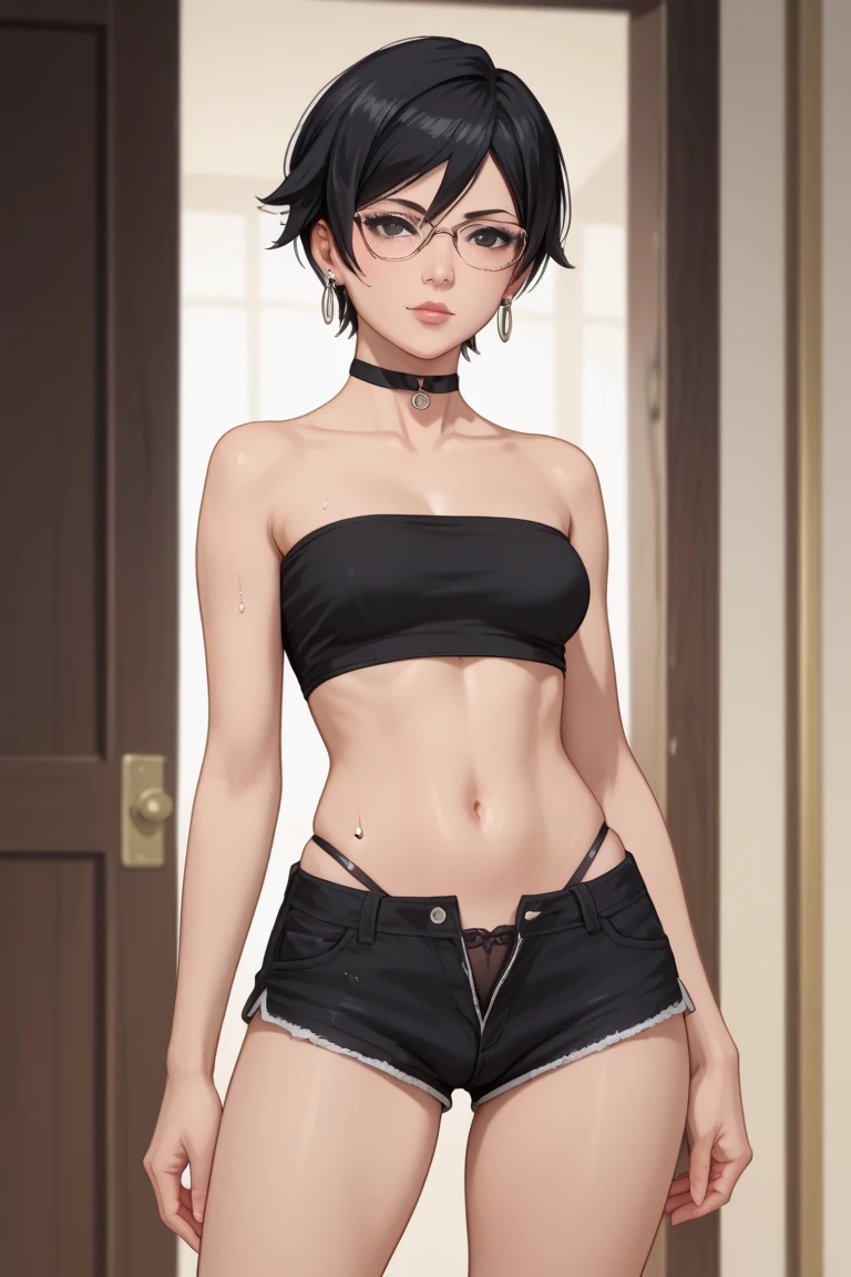 Max Caulfield, a beautiful young girl with short hair, detailed facial features, bright blue eyes, freckles, flat chest, slim teen body, thin waist, slender thighs, looking directly at the camera, portrait, highly detailed, 8k, photorealistic, natural lighting, warm color tones, cinematic, masterpiece, Lingerie black