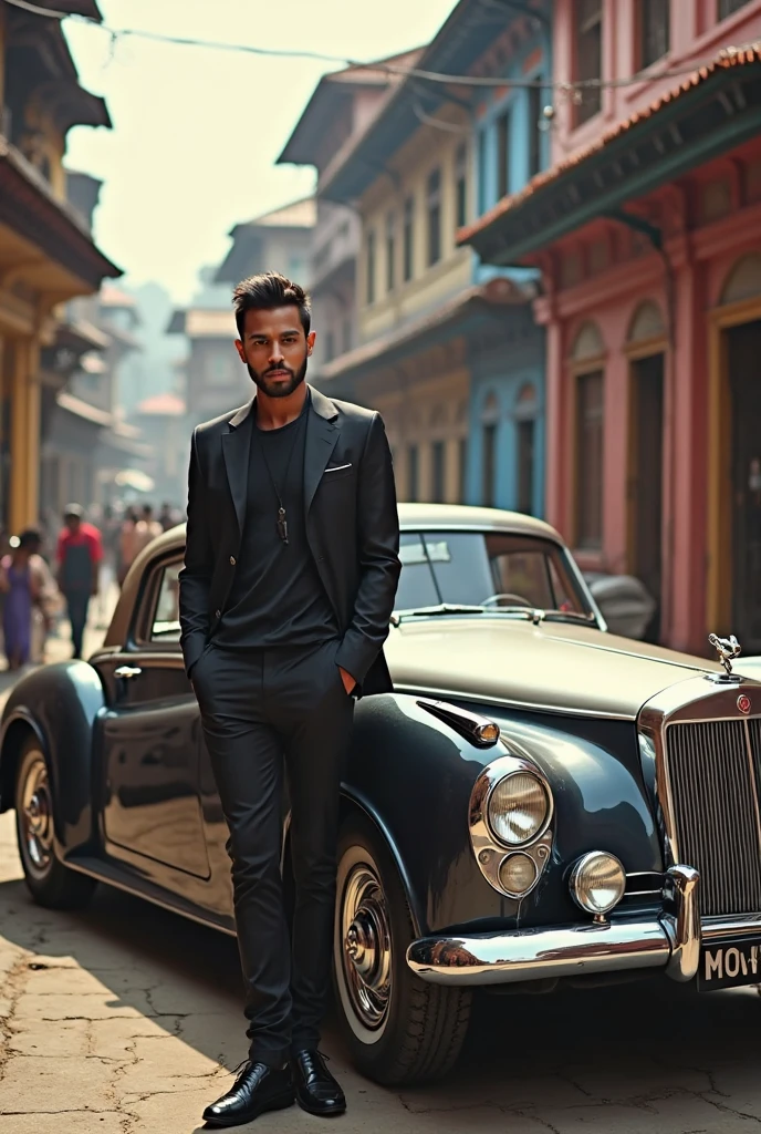 Aarav looks at the camera, perfect has a round face, A well-maintained model, handsome face,Close-up of a man wearing a black leather jacket., Southeast Asians with round faces, 3-D profile picture, 8K, 45,000,000 pixcls, realistic light colors