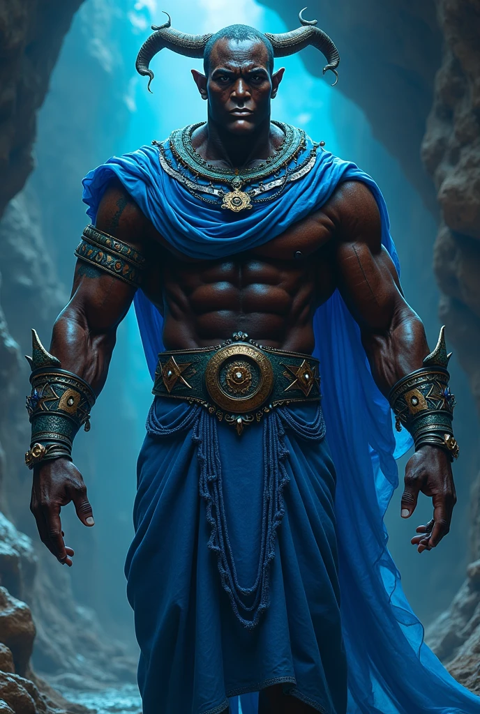 Orisha Black Man, warrior, shorth hair, blue clothing, holding a medieval sword raised in the hand with the tip pointing upwards, in a green field.