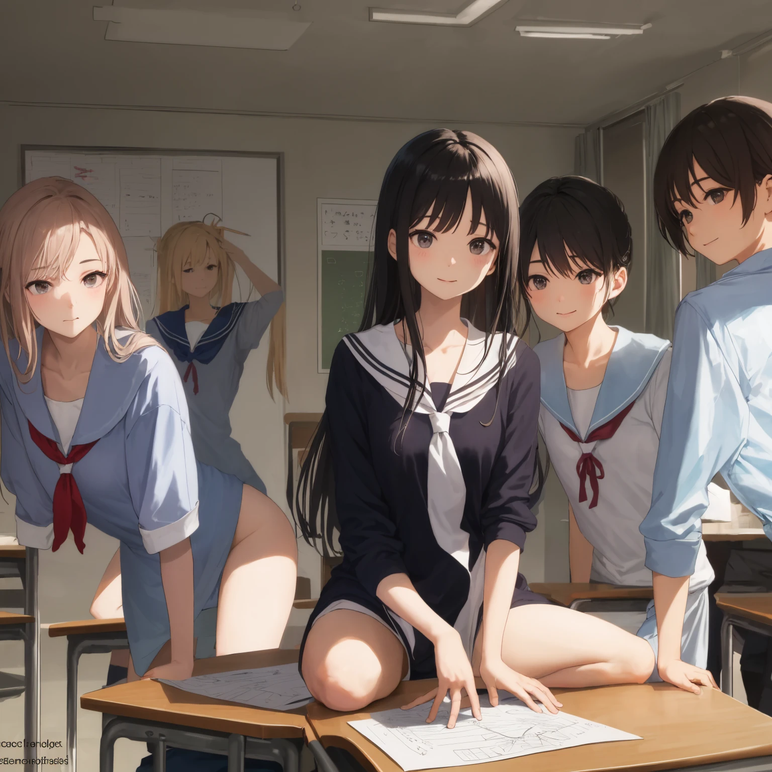 On a school desk、Girl with long black hair、(All the buttons on his white shirt are undone、A glimpse of the orange bra)、(Blue it on the desk with your legs open、Showing off her cute white underwear)、(barefoot、cute leather shoes)、10 girls worship a grown man's dick