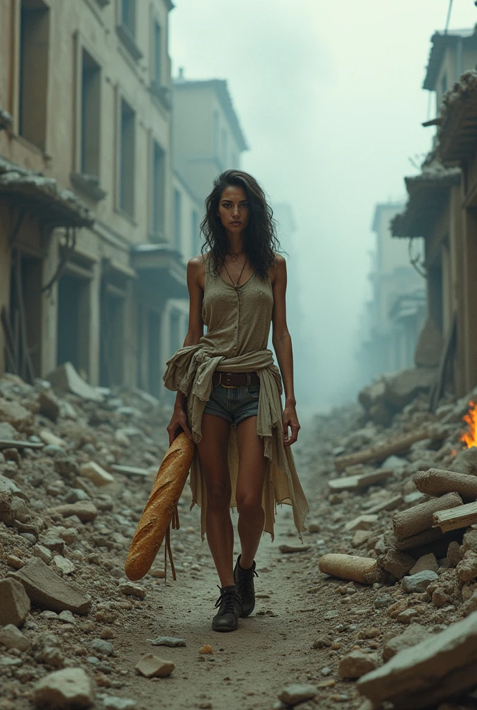A beautiful European women, queen, Leaning forward, bending over, full body, wearing torn dress, long dress, bone crown, grey sky, Post-Apocalyptic city, lianas, trees, vines. She is 24 years old, has black hair, long hair, curly hair and black eyes. Her cloth is stylish and her overall appearance is stunning. The girl's face is extremely detailed with beautifully detailed lips. Her skin is anatomically correct with realistic textures. The image should have super high details and be of the best quality, with a resolution of 8K. The final result should be a masterpiece, showcasing the girl's beauty and the vibrant atmosphere of The destroyed Post-Apocalyptic city, trees and vines
