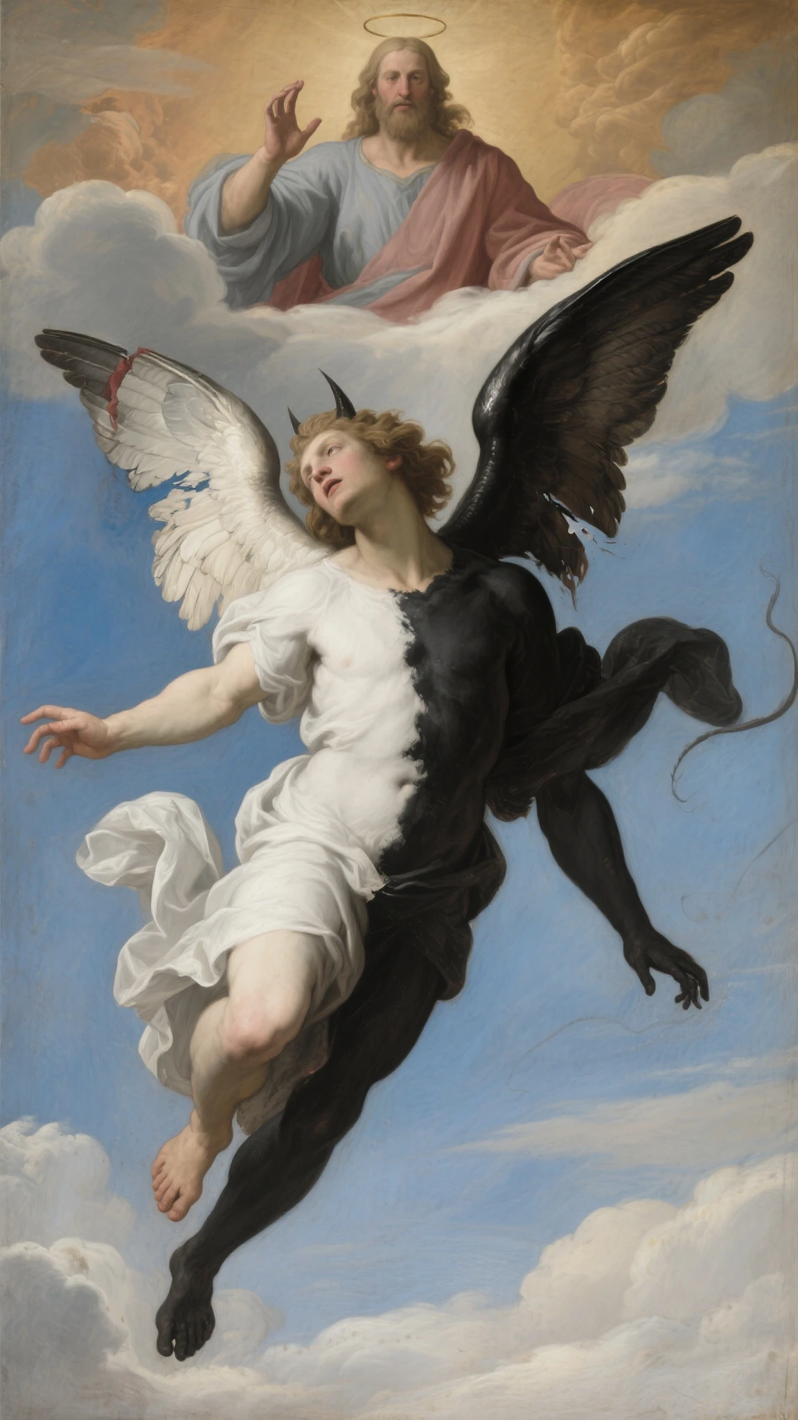 Renaissance oil painting by William Bouguereau winged ((Male demon)) male devil, skull, ((penis showing))